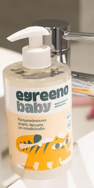 Egreeno – Οικολογικά Καθαριστικά και Καλλυντικά για όλη την Οικογένεια Οικολογικό Βρεφικό Κρεμοσάπουνο Egreeno Baby, με σπαθόλαδο, χωρίς άρωμα / 500ml