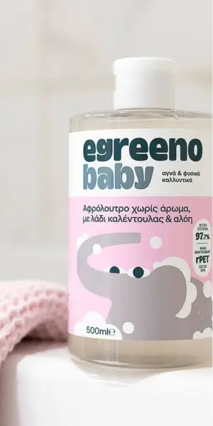 Egreeno – Οικολογικά Καθαριστικά και Καλλυντικά για όλη την Οικογένεια Οικολογικό Βρεφικό Αφρόλουτρο σώματος Egreeno Baby, με λάδι καλέντουλας και αλόη, χωρίς άρωμα / 500ml