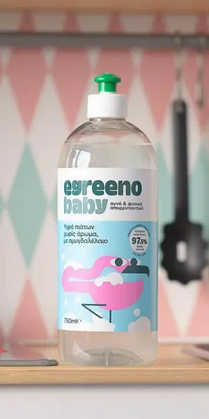 Egreeno – Οικολογικά Καθαριστικά και Καλλυντικά για όλη την Οικογένεια Οικολογικό Βρεφικό Υγρό πιάτων Egreeno Baby, με αμυγδαλέλαιο, χωρίς άρωμα / 750ml